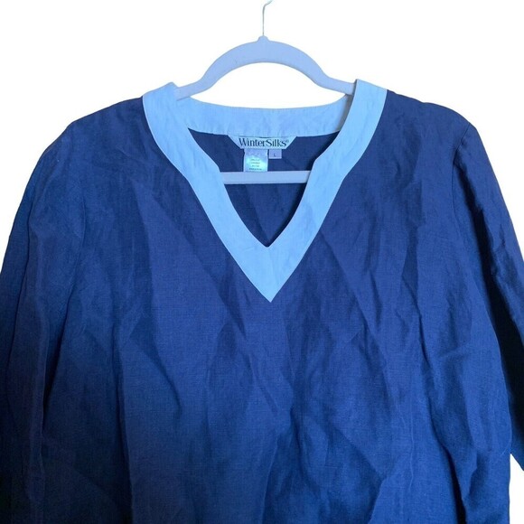 Wintersilks Womens Size Large Blue White Trim Silk Linen Blend Tunic Top Blouse - Picture 2 of 4